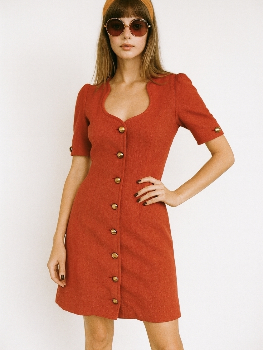 Vintage Adele Simpson Orange Linen Dress | Gold Button Sheath